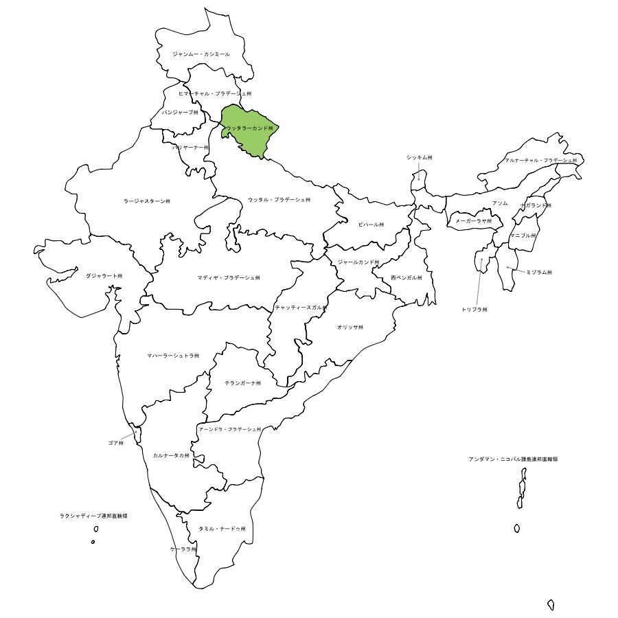 インドのウッタラカンド州の地図